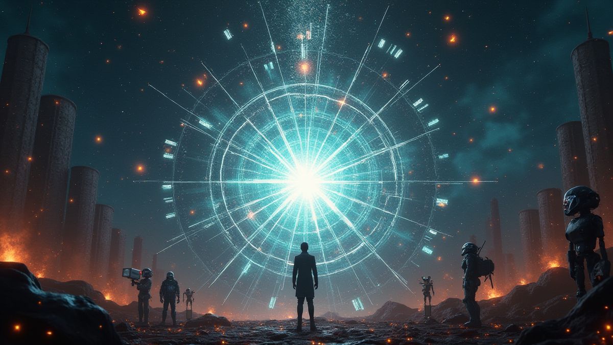 A glowing energy field surrounded by robots and futuristic symbols.