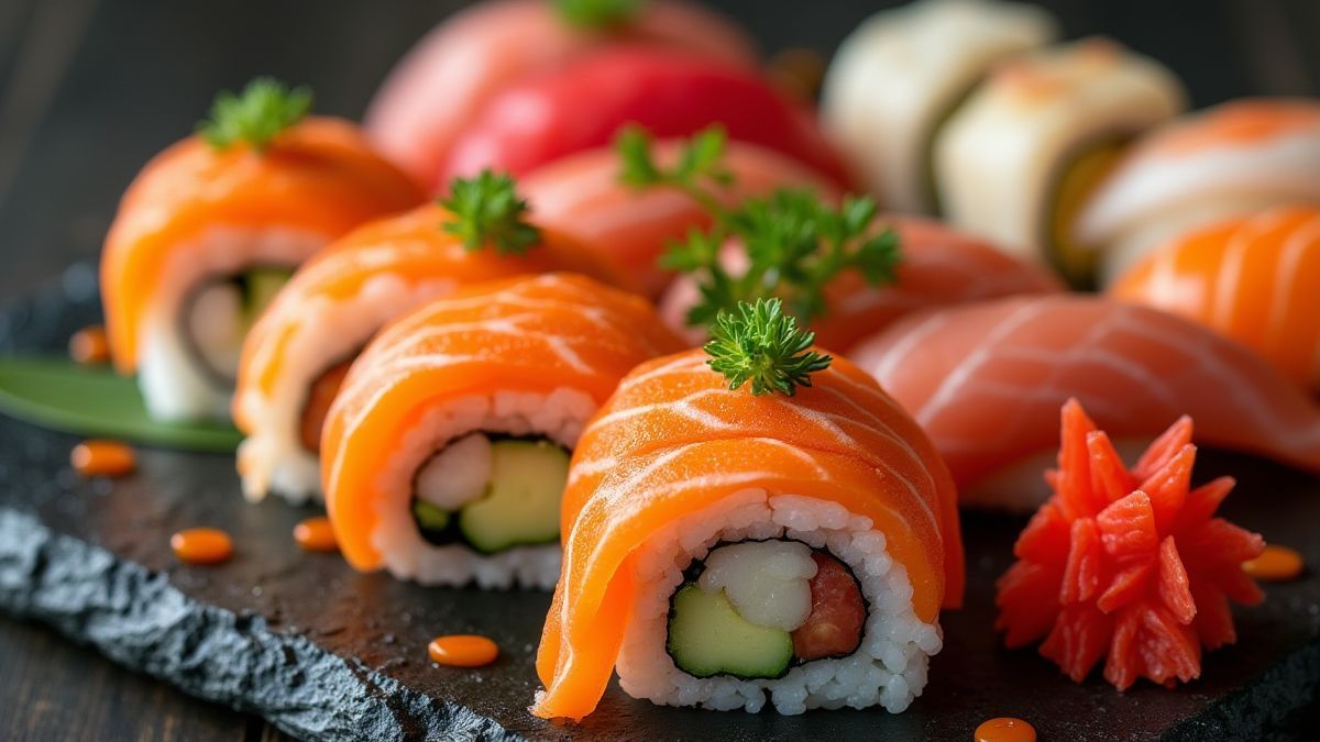 Plat de sushi avec sashimi et wasabi.