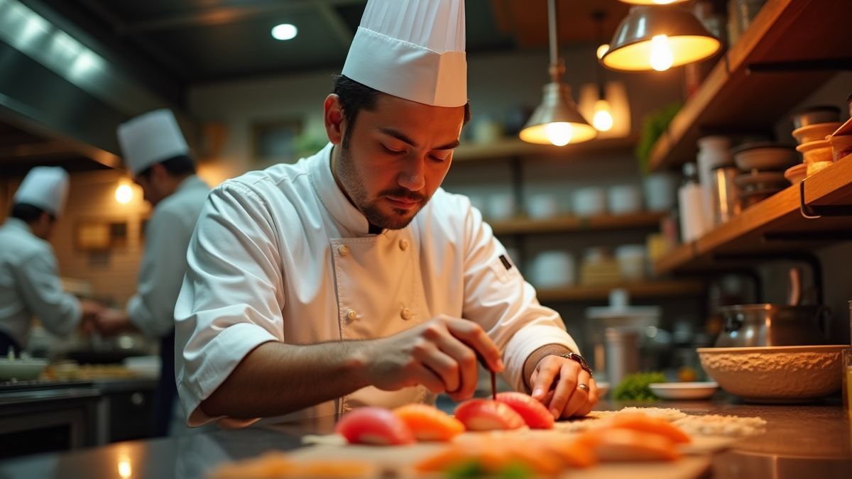 Chef japonais préparant sushi dans une cuisine animée.