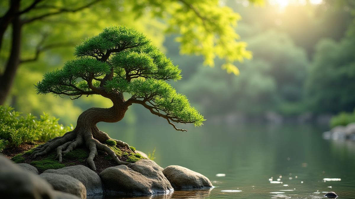 Bonsai dans un jardin japonais paisible.