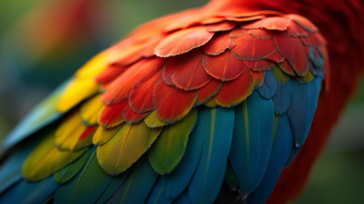 Plumas de aves coloridas em um ambiente natural.