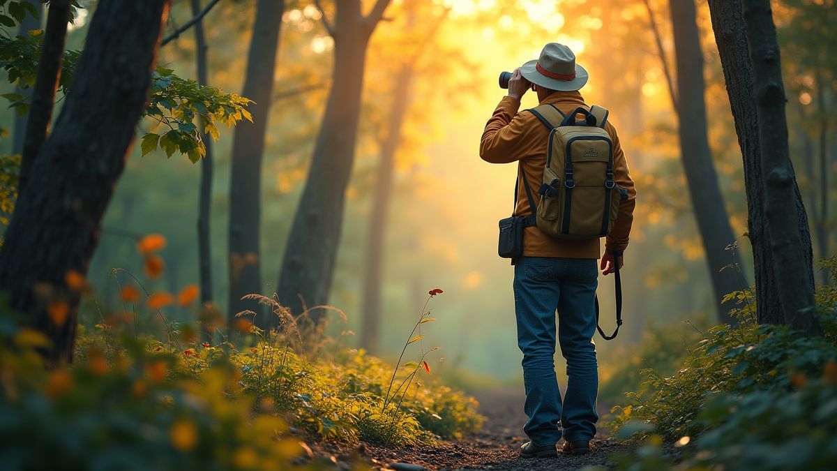 Um observador de aves em uma floresta segurando binóculos.