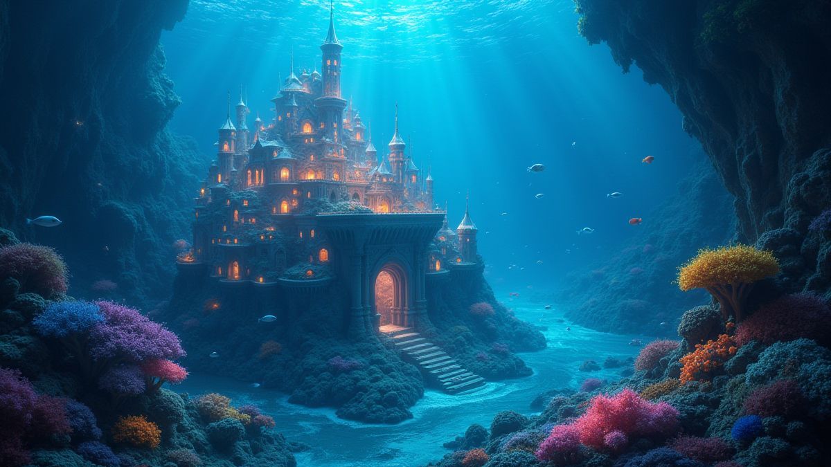 Uma cidade submarina brilhante rodeada de criaturas marinhas vibrantes.