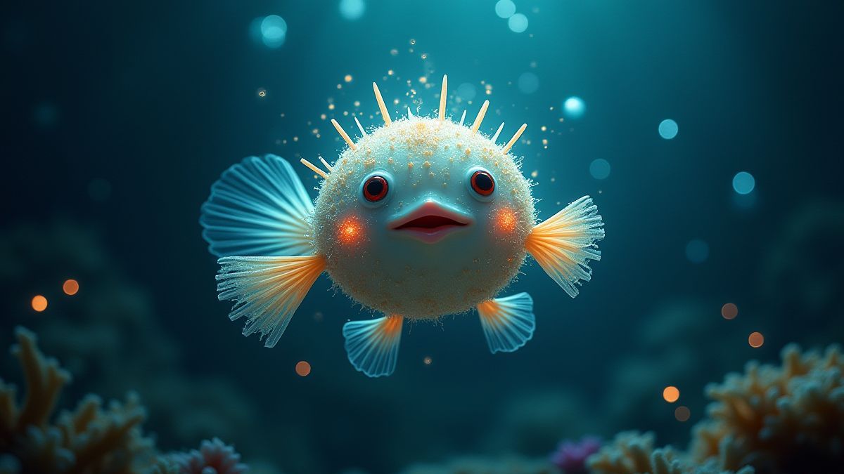 Um peixe-globo mágico brilhante rodeado de destelos em um ambiente submarino.