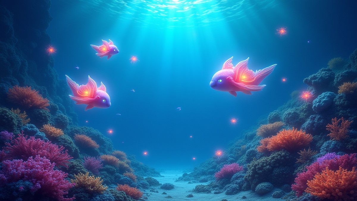 Um paisagem submarina vibrante com arrecifes de coral e criaturas mágicas brilhantes.