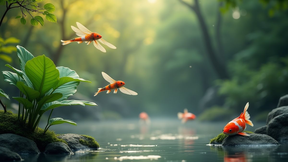 Afbeelding van een zen-tuin met koi-vissen en libellen boven een rustige vijver.