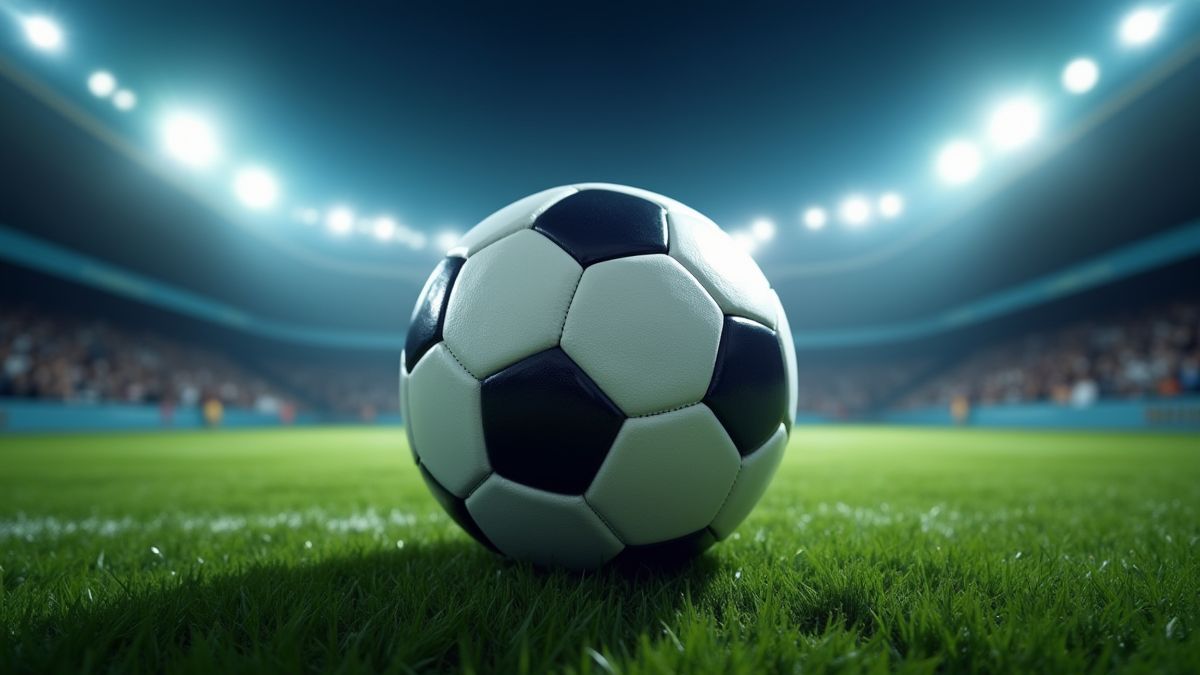 A soccer ball on grass under stadium lights.