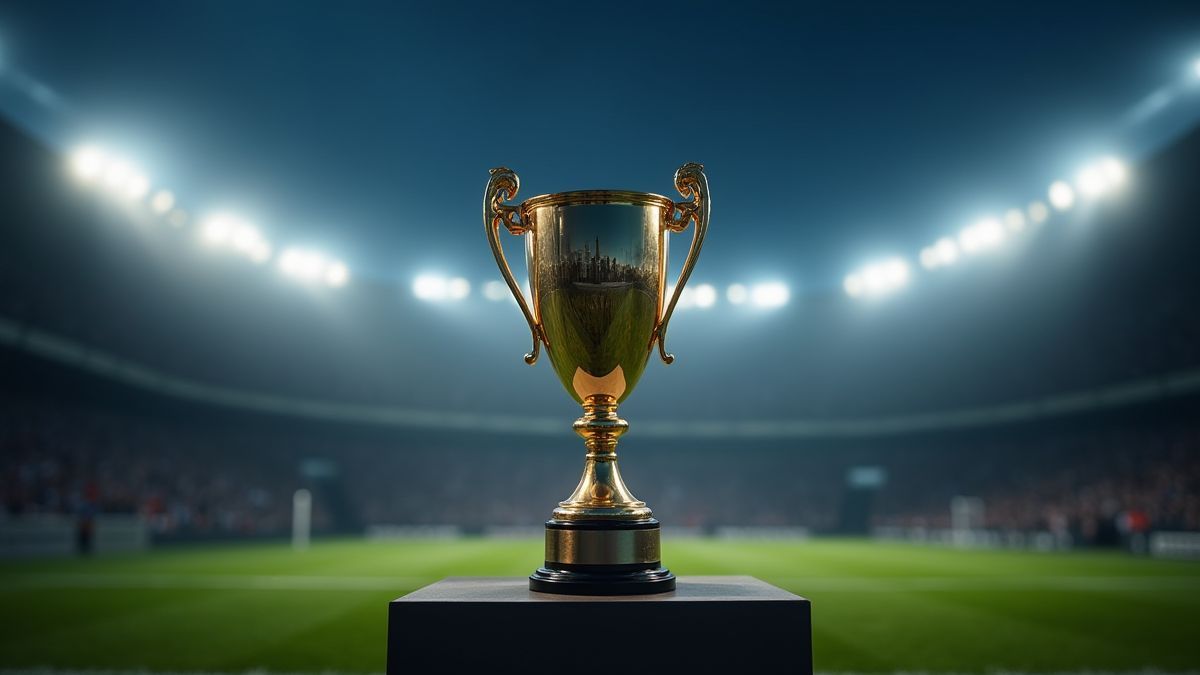 A football trophy on a pedestal under stadium lights.