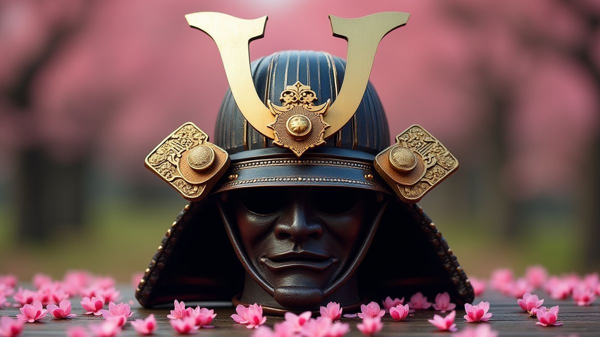 A samurai warrior helmet on a wooden table.