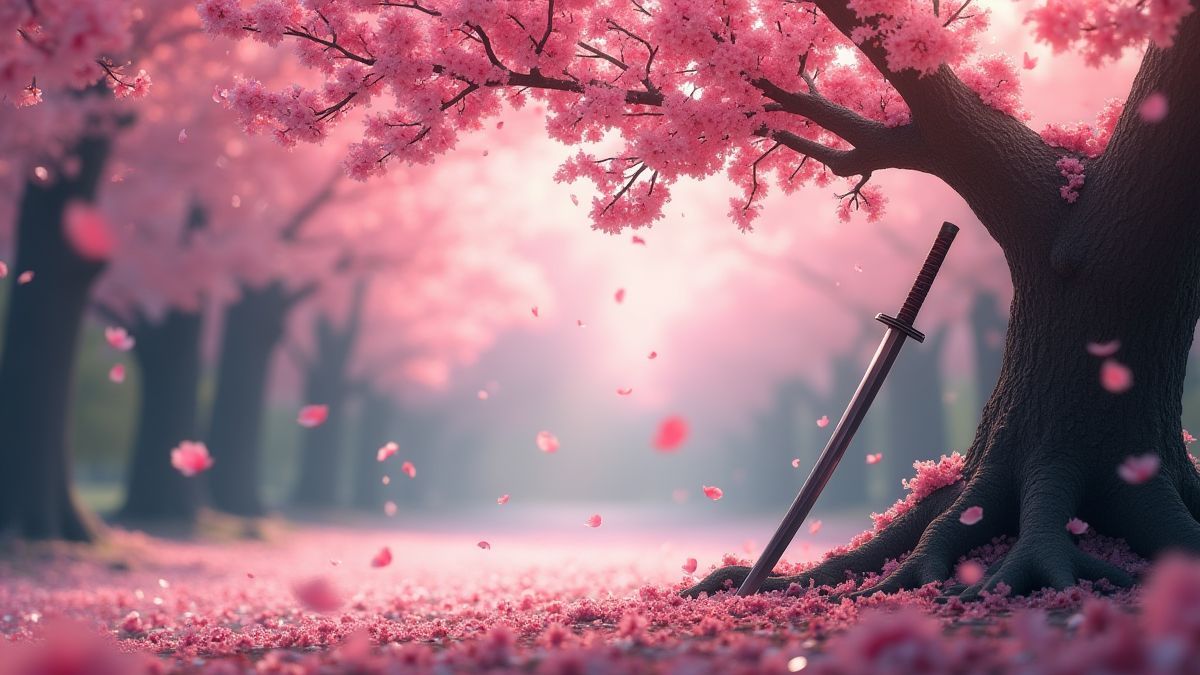 A samurai sword leaning against a tree under cherry blossom petals.