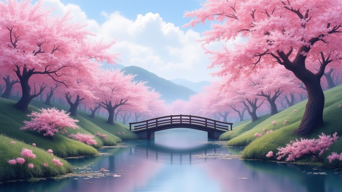 A Japanese landscape featuring blooming cherry trees and a bridge over a pond.