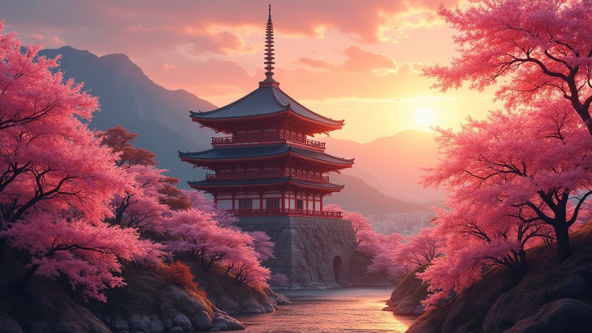 Een oud oosters tempel omgeven door kersenbloesems bij zonsondergang.