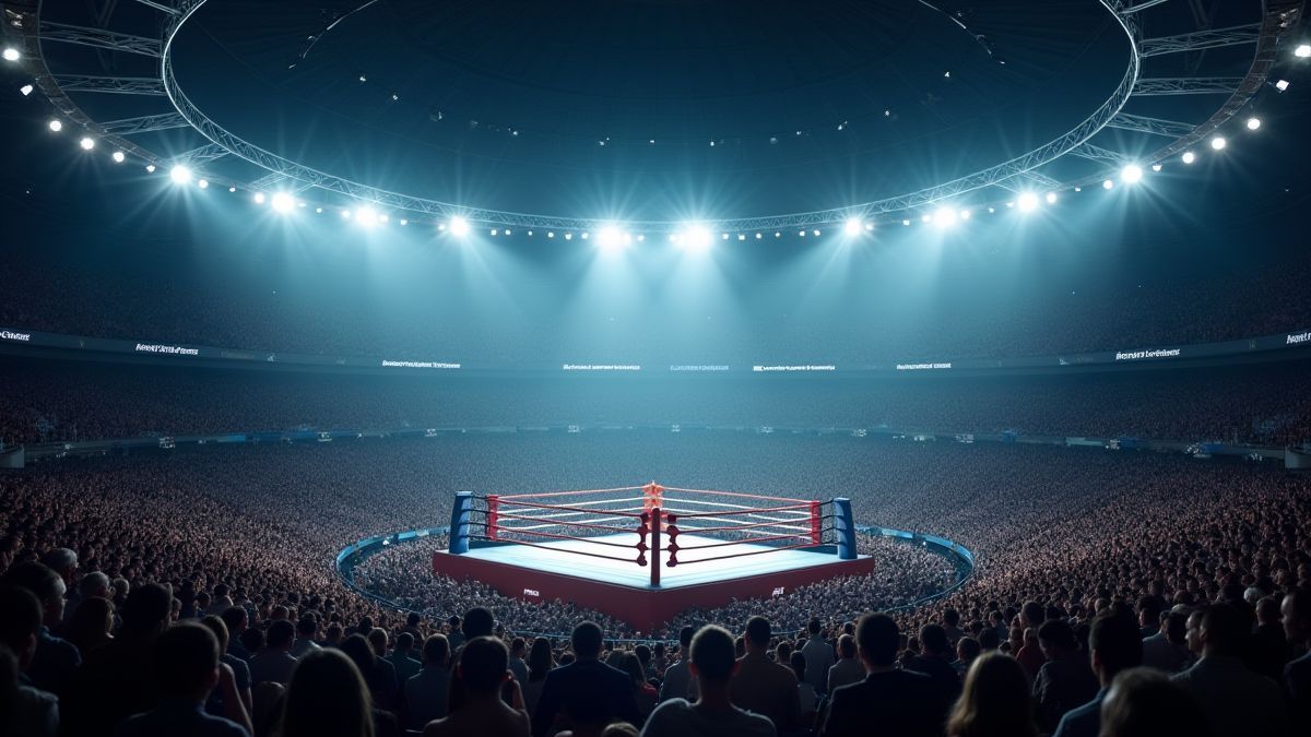 Estádio cheio com um ring de boxe iluminado no centro.