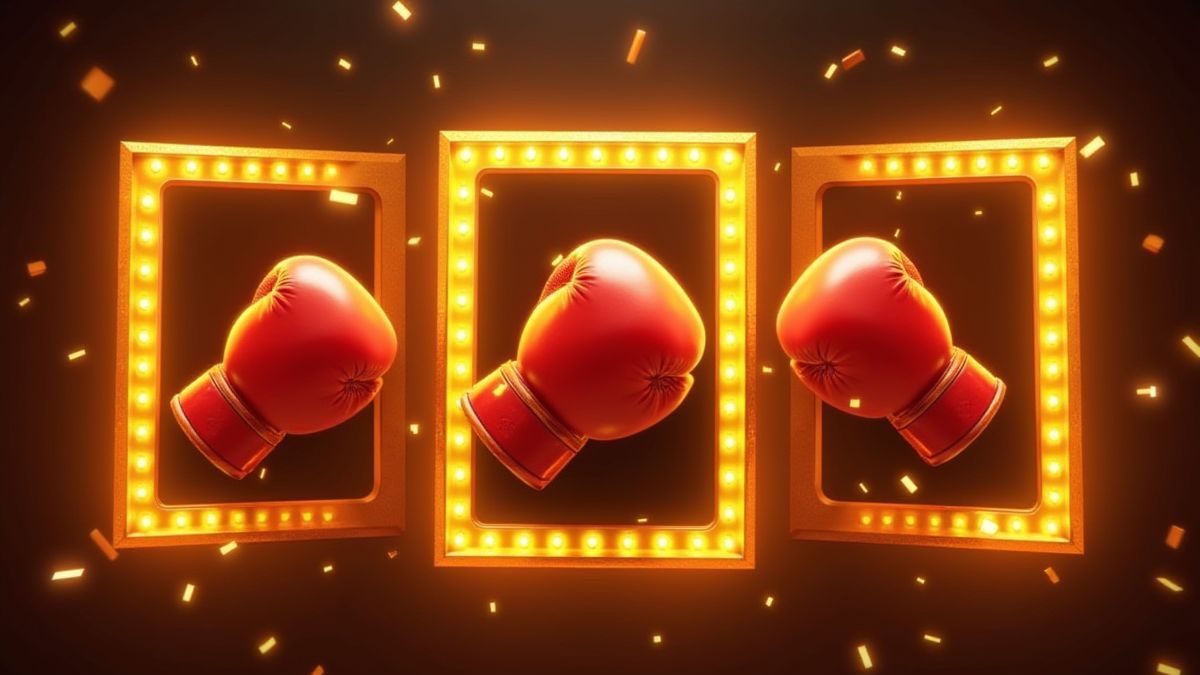Marcos dourados brilhando em um carrete de tragaperras com guantes de boxeo.