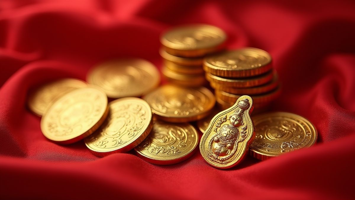 Goldene asiatische Münzen und Amulette auf einem roten Seidentuch.