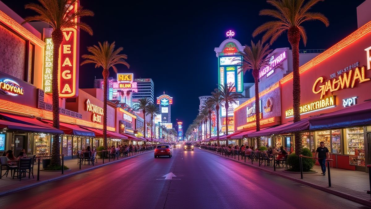Una calle iluminada de Las Vegas llena de casinos y vida nocturna.