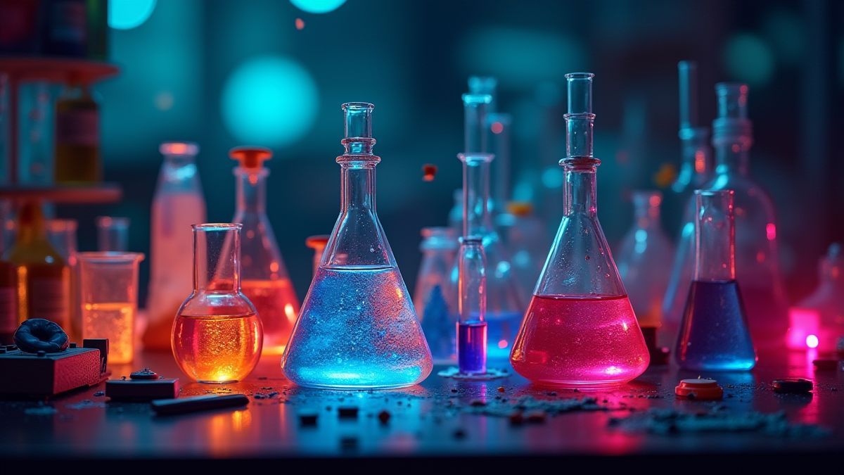 Un laboratoire avec des liquides brillants dans des tubes à essai et des gadgets éparpillés.