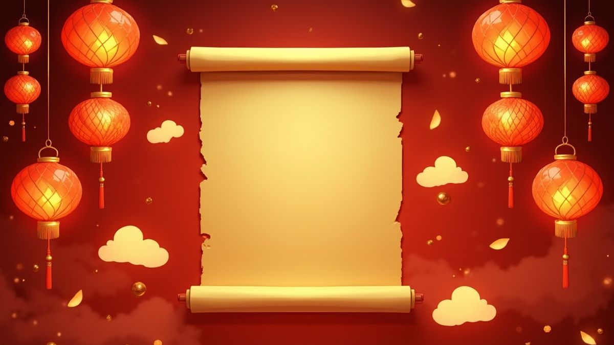 Golden scroll surrounded by glowing lanterns and Chinese symbols.