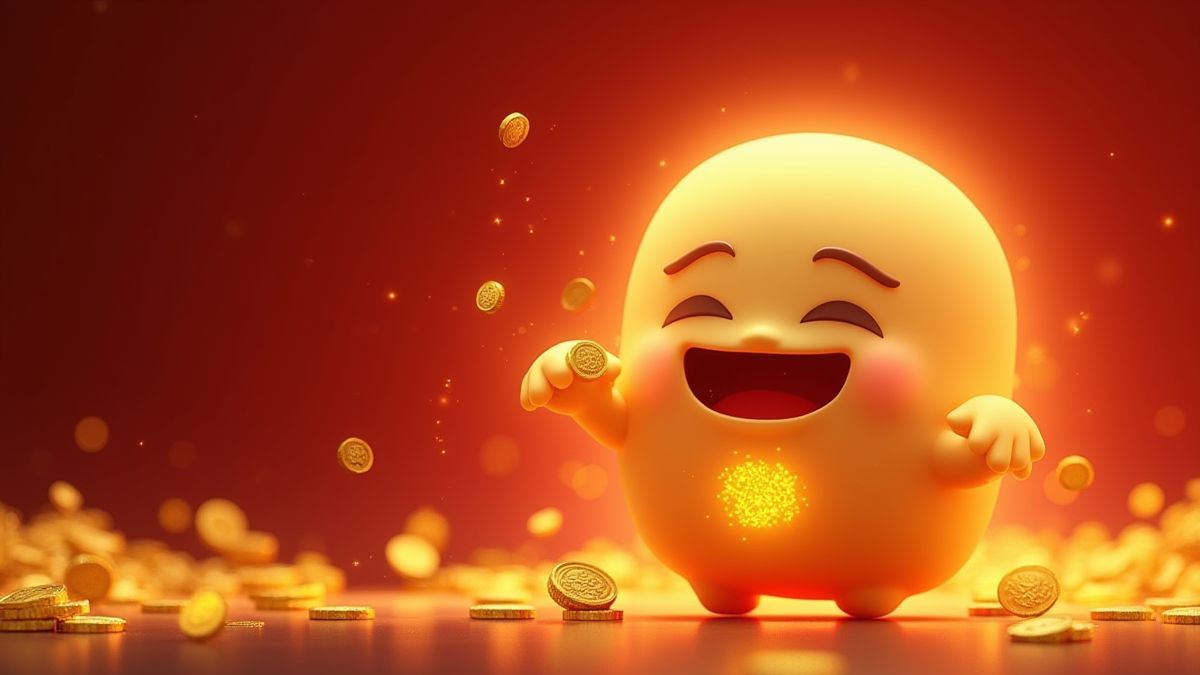 Glowing gold coins with a smiling character in an oriental setting.