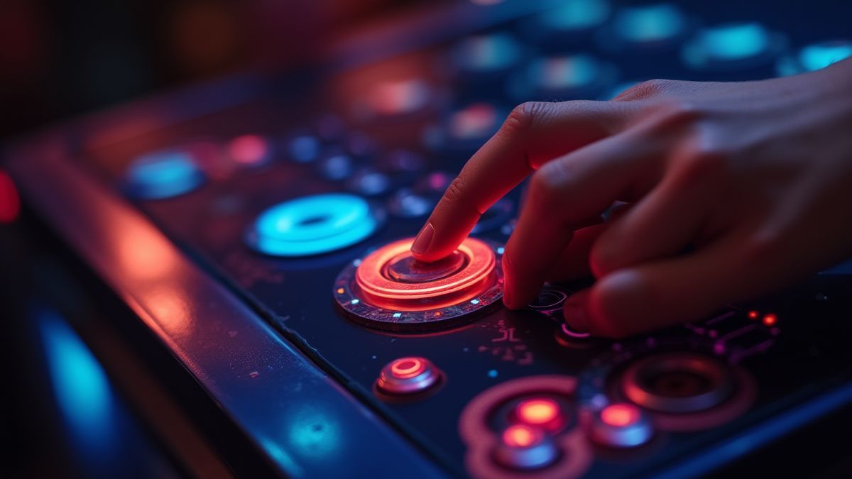 Un joueur ajustant son pari sur une interface magique de machine à sous.