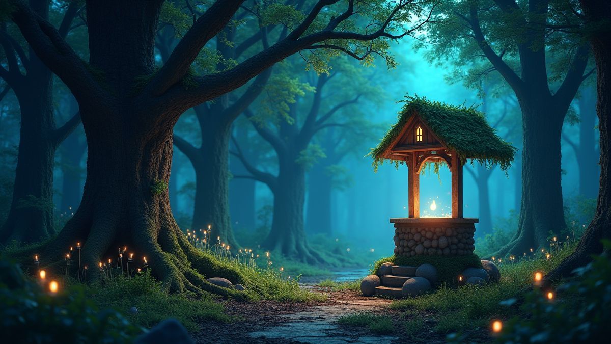 Une forêt mystique avec des lumières brillantes et un puits magique.