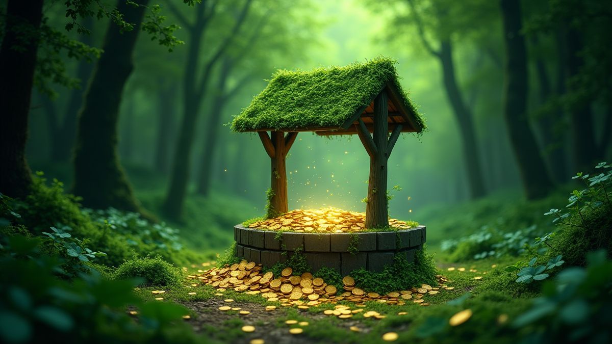 Un bosque verde con un pozo mágico rodeado de monedas y tréboles.
