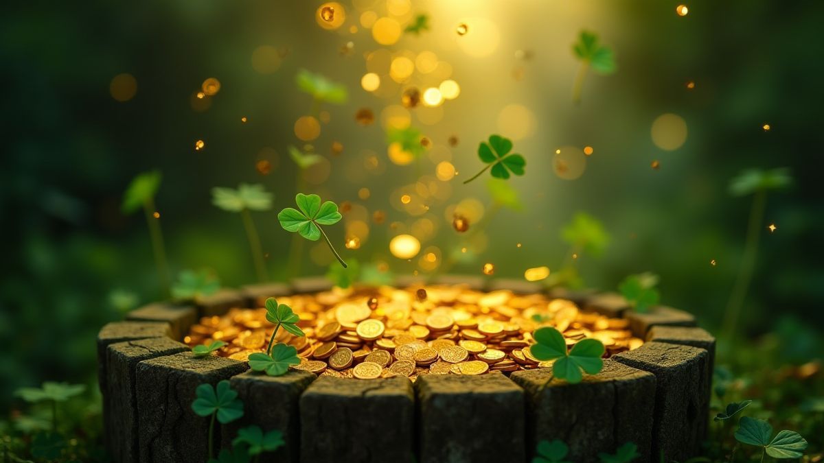 Monedas doradas y tréboles cayendo en un pozo mágico.