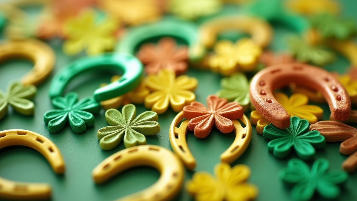 Símbolos de la suerte coloridos como tréboles y herraduras en un fondo vibrante.