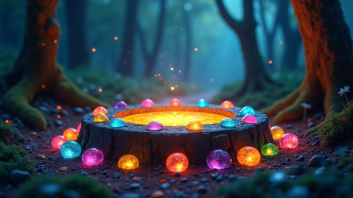Ein Brunnen, der leuchtet, umgeben von bunten Edelsteinen in einem mystischen Wald.