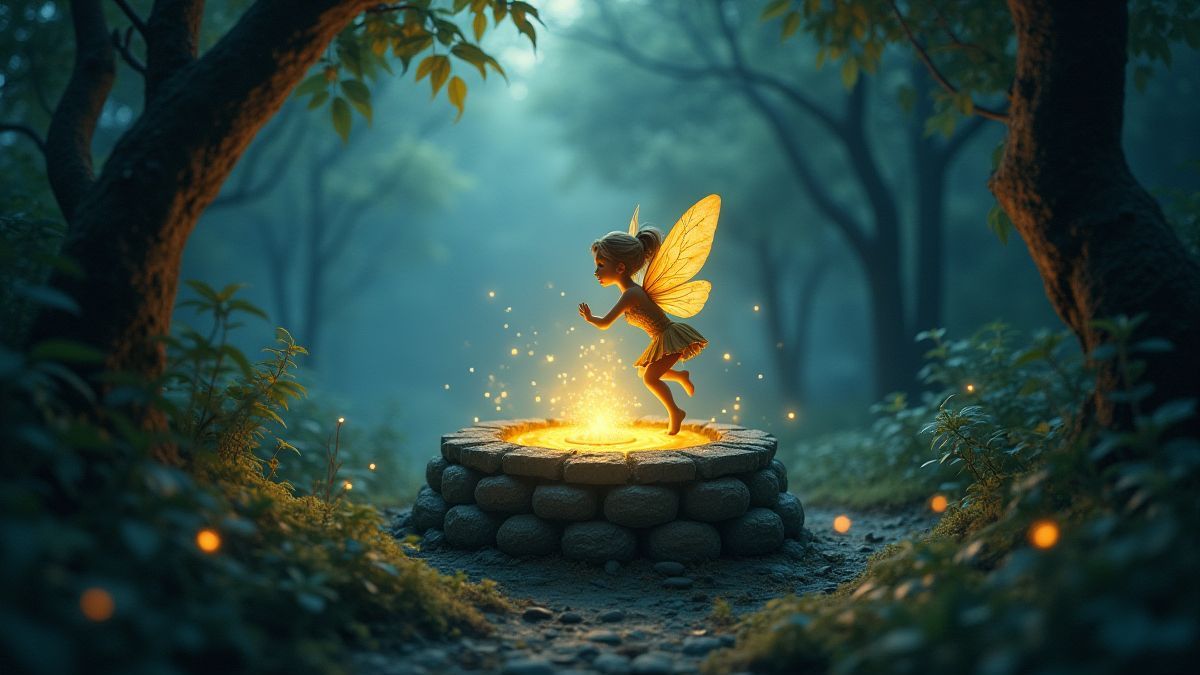 Eine magische Fee schwebt über einem verzauberten Brunnen in einem mystischen Wald.