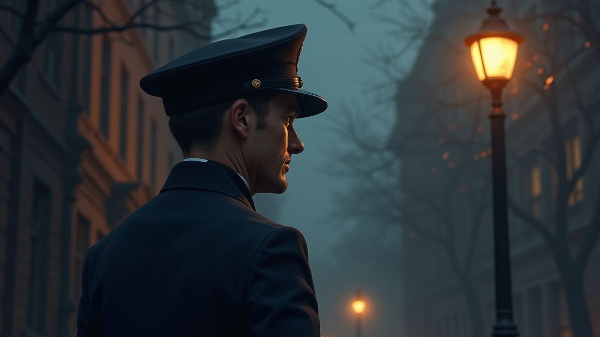 Een politieagent uit de Victoriaanse tijd onder een knipperende straatlamp