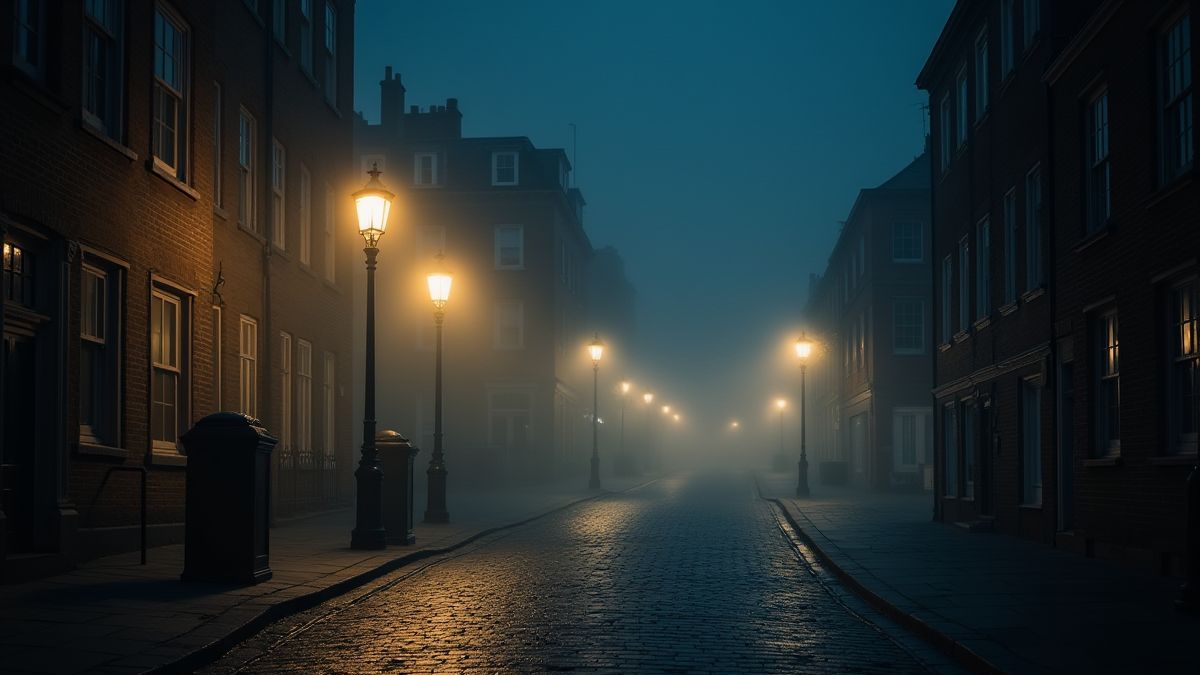 Een straat in Londen verlicht door gaslantaarns