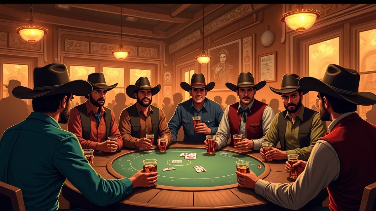 Un salón animado en el Salvaje Oeste con cowboys jugando al póker.