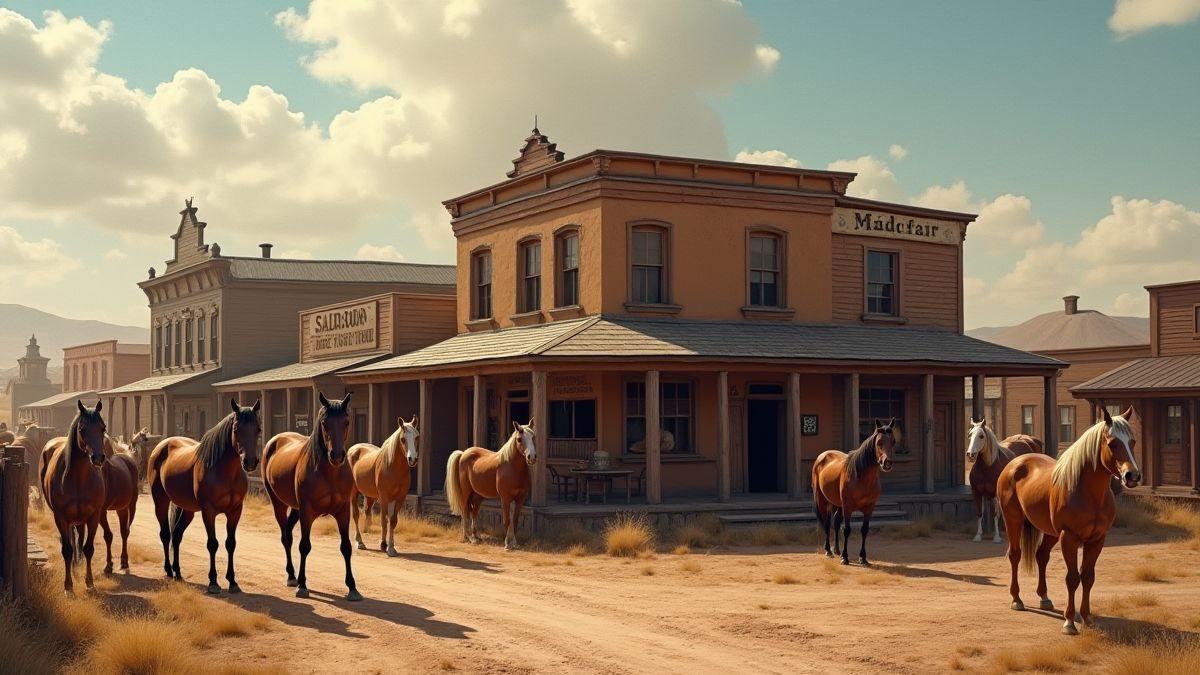 Un pueblo del Salvaje Oeste con caballos frente al salón.
