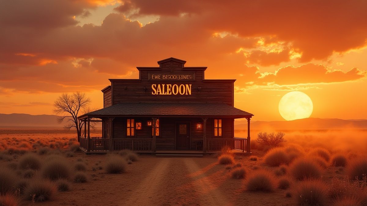 Saloon do Velho Oeste com um pôr do sol e plantas rolantes.