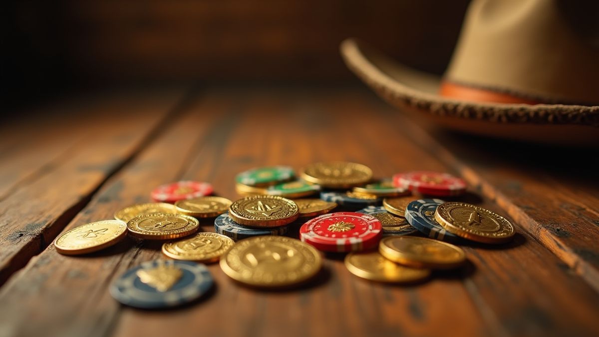 Moedas de ouro e fichas de poker em uma mesa do Velho Oeste.