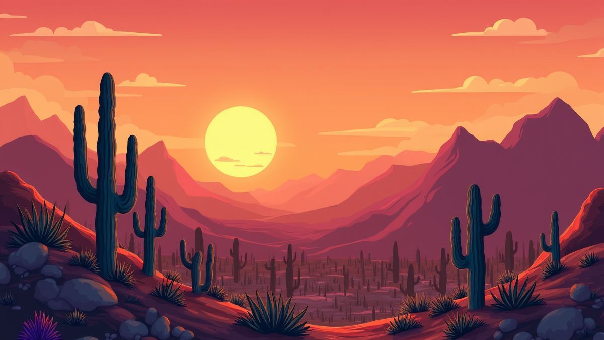 Desert landscape with cacti and mountains under a warm sunset.