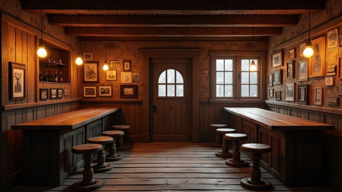 Interior of a Western saloon with wooden tables and stools.