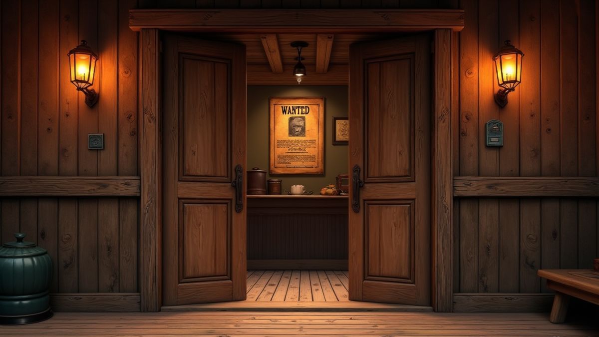 Un salón de madera del Salvaje Oeste con puertas vaivén y un cartel de 'Se busca'.