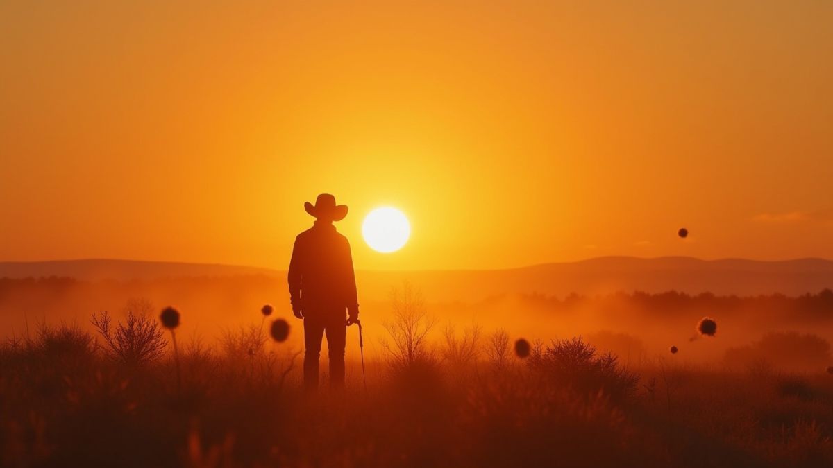 Un cowboy bajo un atardecer dorado con plantas rodadoras moviéndose.