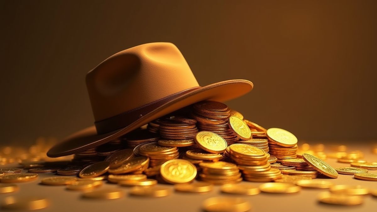 Montones de monedas de oro con un sombrero de cowboy encima.