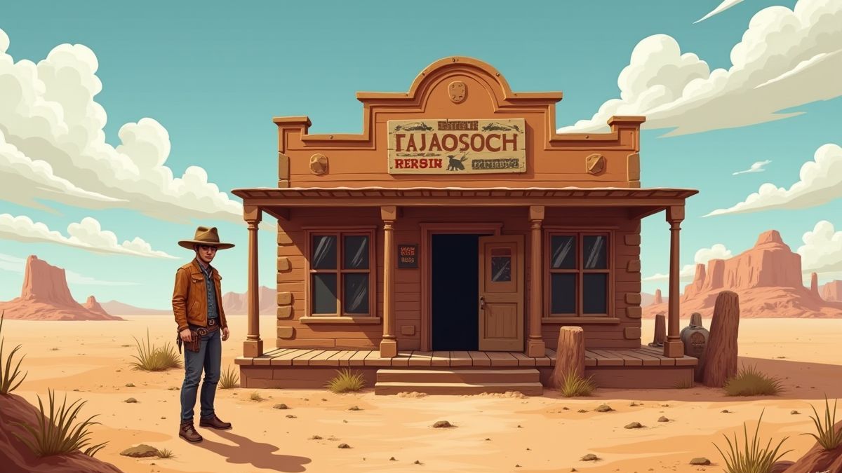 Um cowboy na frente do salão no deserto.