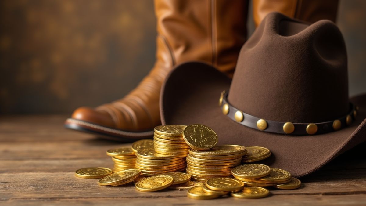 Chapéu de cowboy e botas ao lado de moedas de ouro.