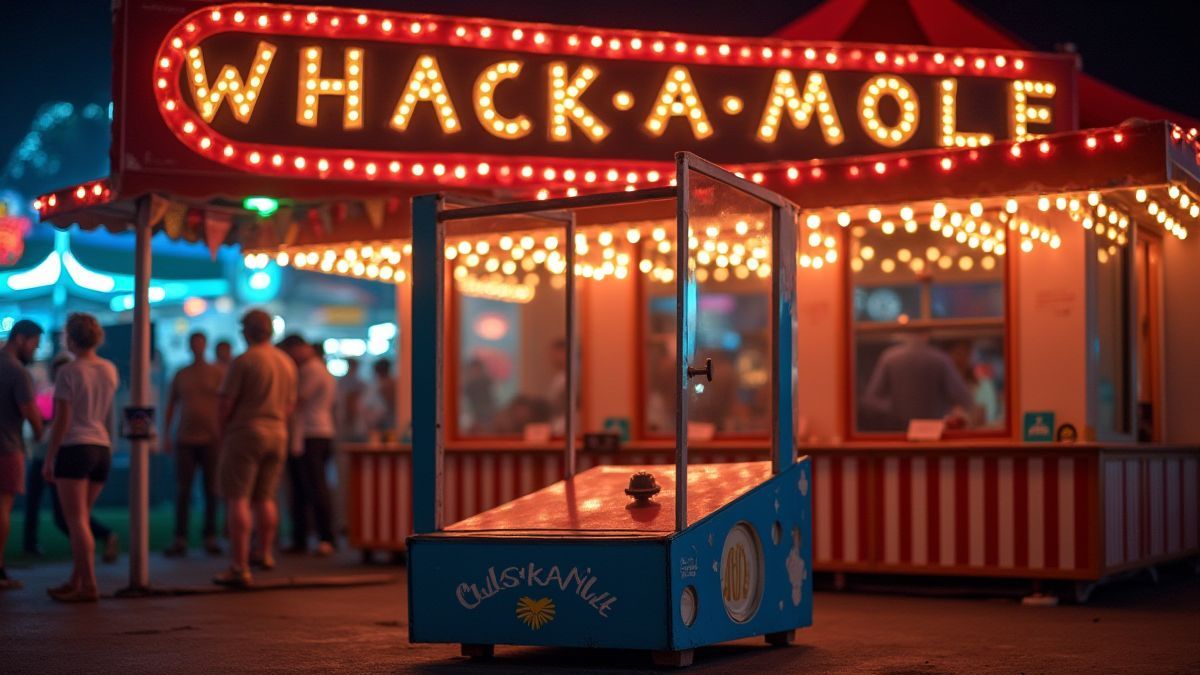 Puesto de feria con juego de golpear topos y luces coloridas.