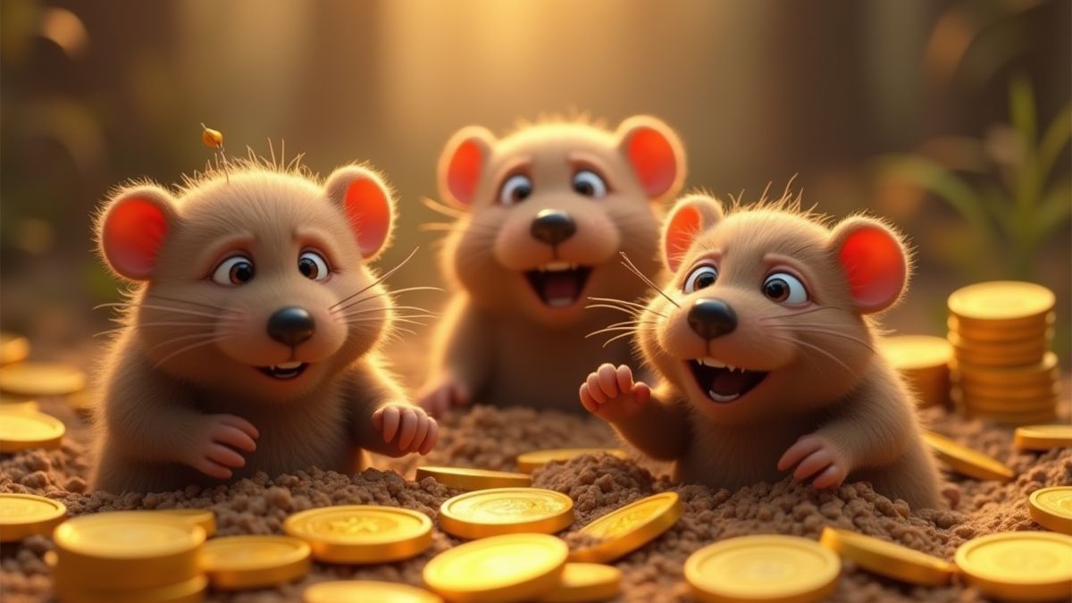 Topos animados saliendo de agujeros con monedas doradas alrededor.