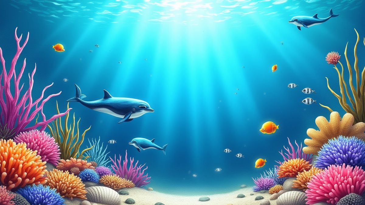 Cena submarina com corais vibrantes, conchas e criaturas marinhas como golfinhos e baleias.