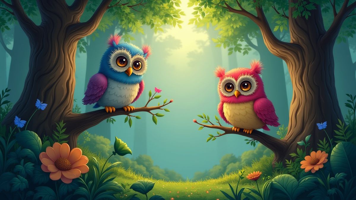Uma floresta cheia de corujas coloridas nos galhos.