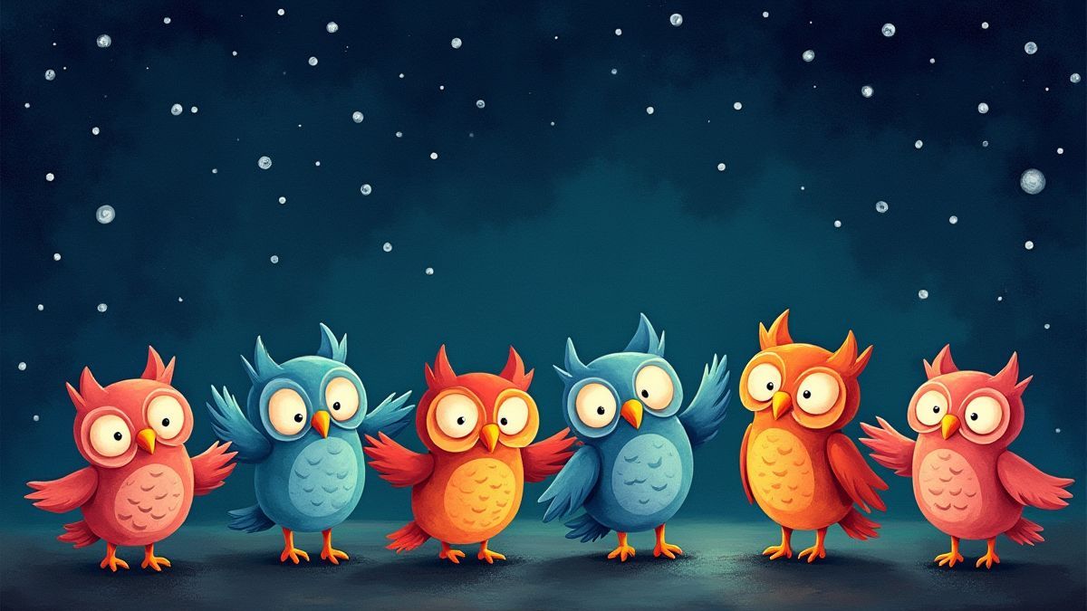 Corujas coloridas dançando sob um céu estrelado.