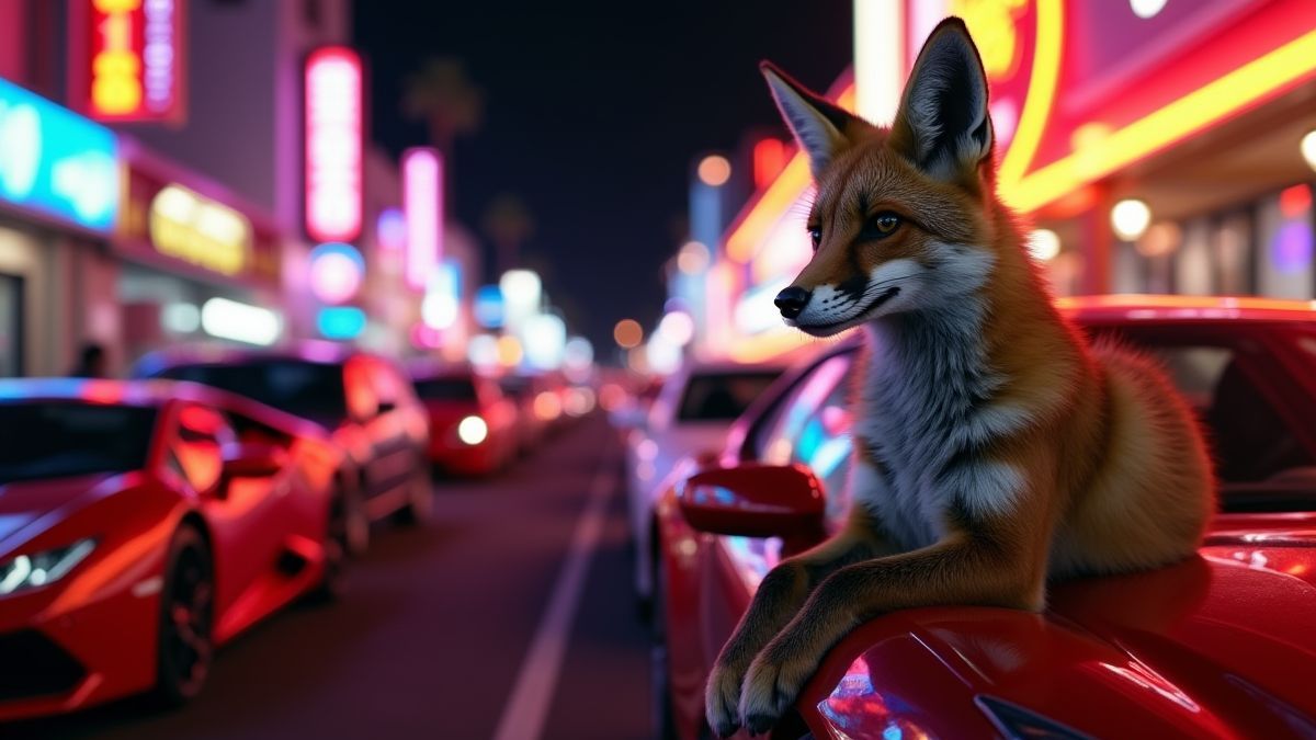 An elegant fox leaning on a luxury car on a neon-lit street in Las Vegas.