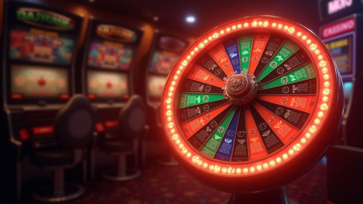 Prize wheel with numbers and multipliers in a casino environment.